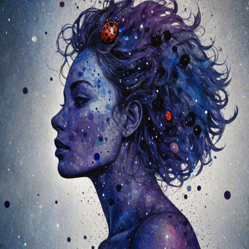 Captivating conceptual render alcohol ink art, double exposure, the paint strokes artfully merge combining a woman's full silhouette with a Ladybug crawl's silhouette. The figures are composed of a series of colored dots, lines & spots that evoke the image of a cosmic galaxy, colors are deep shades of blue purple & black with flashes of white & silver representing distant stars. The woman's silhouette is formed within the lion's silhouette from constellations of scattered stars, surreal
