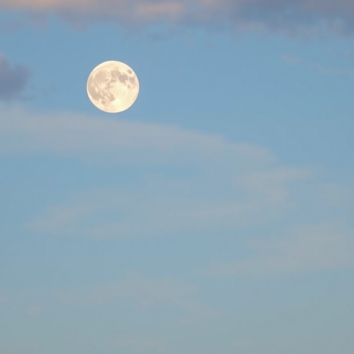 Capture a full moon in a serene sky with soft clouds, using a DSLR camera, 200mm lens, aperture f/8, ISO 100, shutter speed 1/200 sec, shot from a low angle for a calming effect.