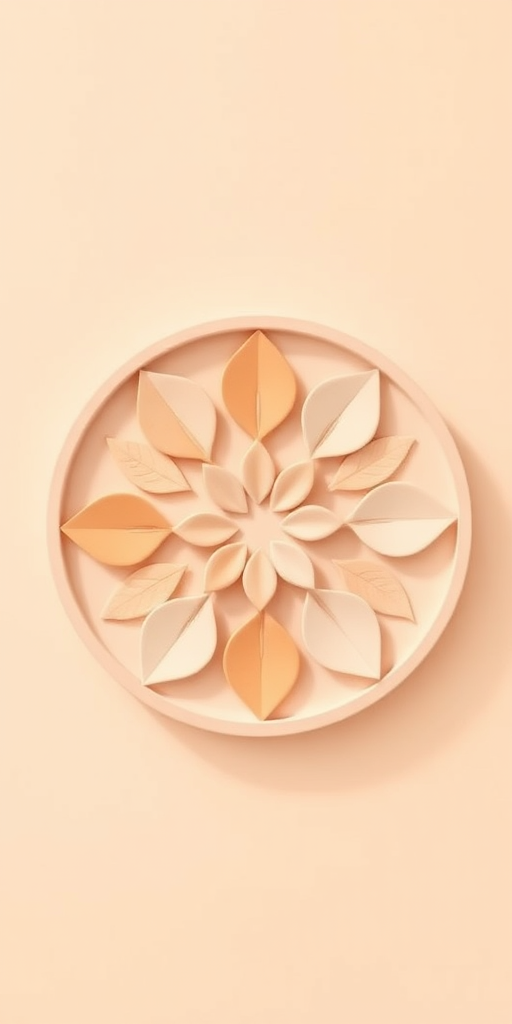 create a circular emblem with eight stylized leaf shapes arranged in a spiral design, using soft gradient colors from peach to light beige, with a smooth background, shot with a DSLR camera at f/2.8 aperture, 50mm lens, using a top-down view and natural lighting for a high-quality finish