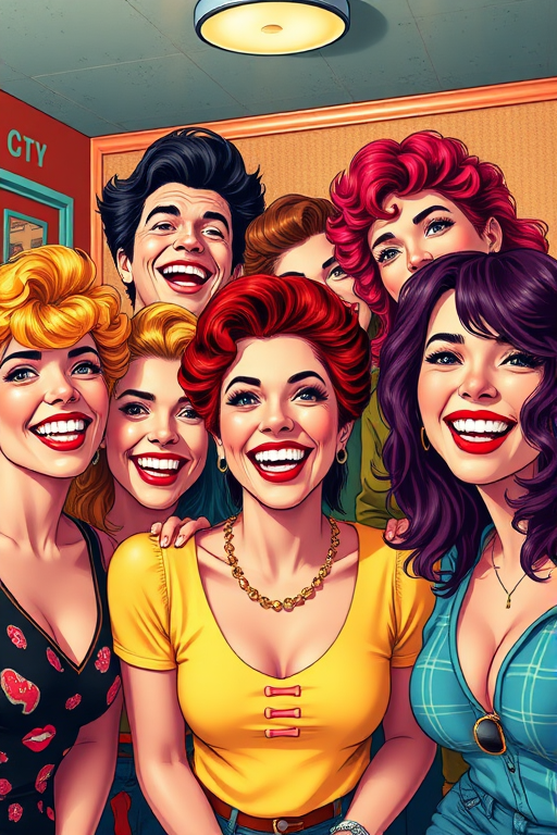 Create a vibrant, pop art style illustration of a diverse group of six joyful people with colorful hair in a retro setting, shot with a Canon EOS R5 at f/4, ISO 100, 24mm lens, shooting in soft focus from a slightly elevated angle for dynamic composition.