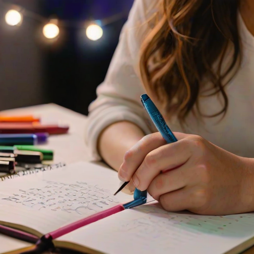 Close-up of a woman’s hands journaling in a beautiful notebook, surrounded by colorful pens and markers, with soft light illuminating her creative thoughts.
