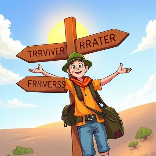 Generate a colorful illustration of a cheerful traveler standing beside a signpost, pointing in opposite directions with a bright sun in the background, using a digital camera with a depth of field of f/4, ISO 100, with a wide-angle lens, shot in a vibrant cartoon style to enhance the image quality.