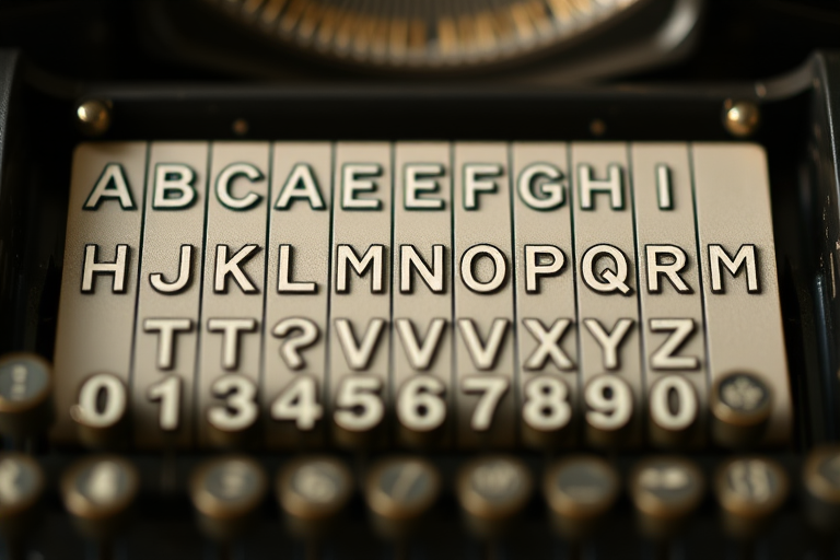 Create a high-resolution image of an alphabet and numbers grid with a vintage typewriter style, captured using a DSLR camera with a 50mm lens at f/1.8, 1/200s shutter speed, ISO 100, in natural light, with a shallow depth of field that softly blurs the background.