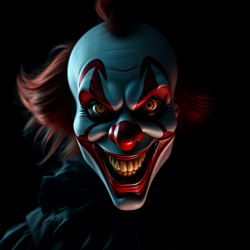 Create a hyper-realistic, dark, and eerie clown with a sinister smile, set against a black background. The clown should have exaggerated makeup with sharp, contrasting colors to enhance its menacing appearance. The overall atmosphere should be unsettling and intense, capturing a sense of horror and suspense