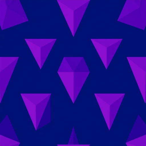 Create a vibrant geometric pattern with purple and pink triangles on a dark blue background, using a DSLR camera with a 50mm lens, f/1.8 aperture, ISO 100, shooting from a high-angle view to enhance clarity and contrast.
