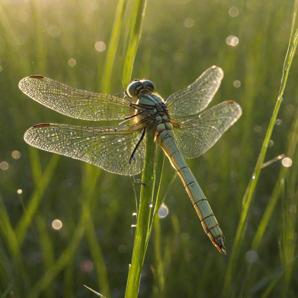 Sharp, detailed close-up of a dragonfly perched on a blade of grass, soft sunlight reflecting off its delicate wings, tiny dewdrops clinging to the grass, and the feeling of a quiet, early morning in nature.