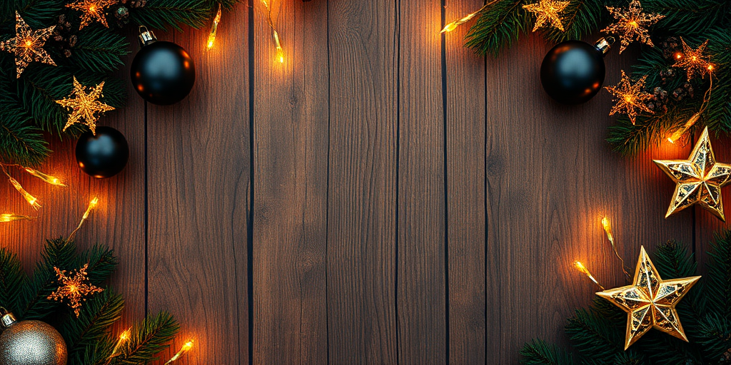 Create an image featuring a rustic wooden background framed with festive decorations. Include dark and shiny ornaments, golden lights, and star-shaped accents. Ensure the arrangement is symmetrical and creates a warm, holiday atmosphere with a focus on the center space.