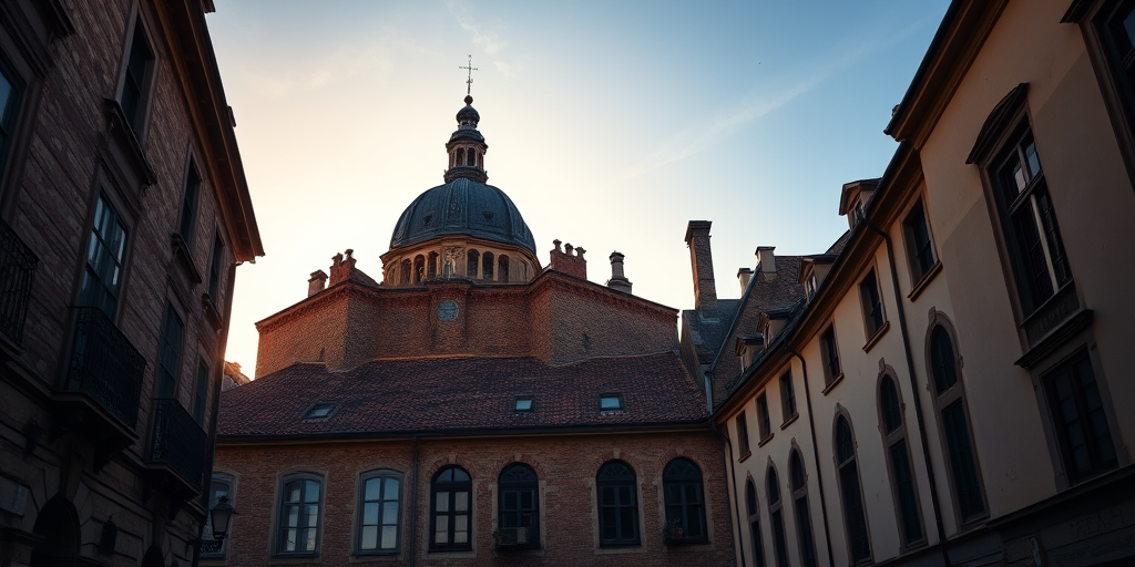 Capture a serene evening scene of historic architecture with soft sunlight illuminating the rooftops, using a Canon EOS 5D Mark IV, aperture f/8, shutter speed 1/125 sec, ISO 100, wide-angle lens at 24mm, and shoot from a low angle to emphasize the textures and details of the buildings.