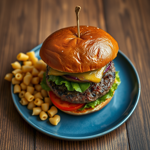 A richly detailed hamburger on a blue plate with a side of macaroni salad, shot with a Canon EOS R5 at f/2.8, 1/125 sec, ISO 100, using a 50mm lens from a top-down perspective to enhance colors and textures.