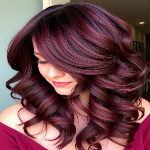 Deep burgundy tresses arranged in the "Velvet Vixen" style feature voluminous curls and a side-swept fringe, with subtle garnet highlights adding depth and dimension