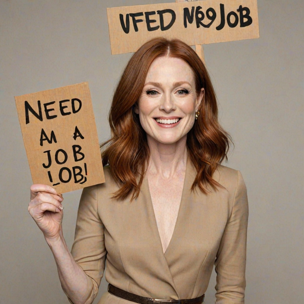 caricature of a smiling Julianne Moore in a Tan dress or suit, holding up a sign that says "NEED A JOB", no watermark,