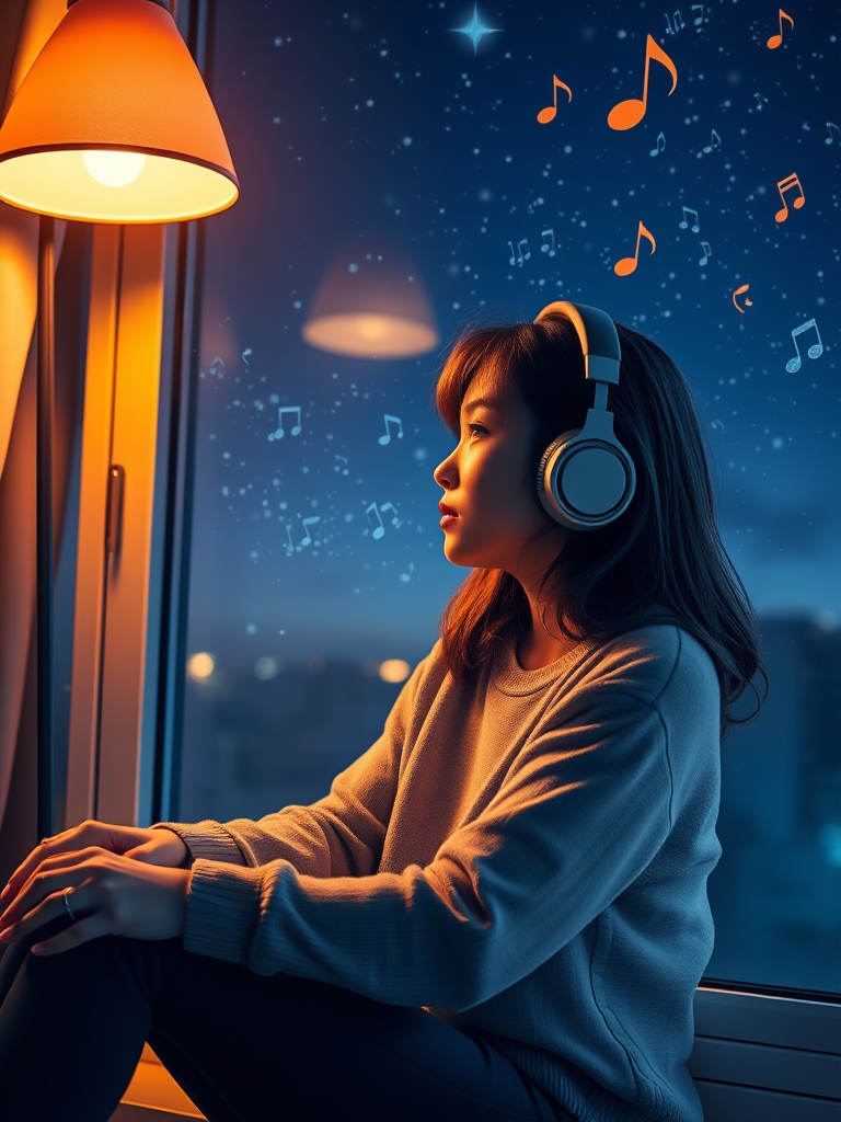 Generate an image of a young woman with headphones sitting by a window at night, gazing outside at a starry sky with musical notes floating around, warm light illuminating her from a nearby lamp, soft focus, high dynamic range, aperture f/1.8, ISO 100, 50mm lens, digital art style.