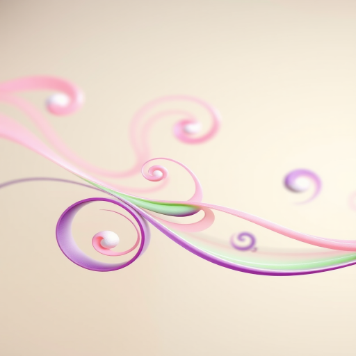 Create an elegant decorative line featuring flowing swirls in pastel colors of pink, green, and purple, captured with a high-resolution digital camera at f/2.8 aperture, ISO 200, using a macro lens for sharp detail and a soft-focused background.