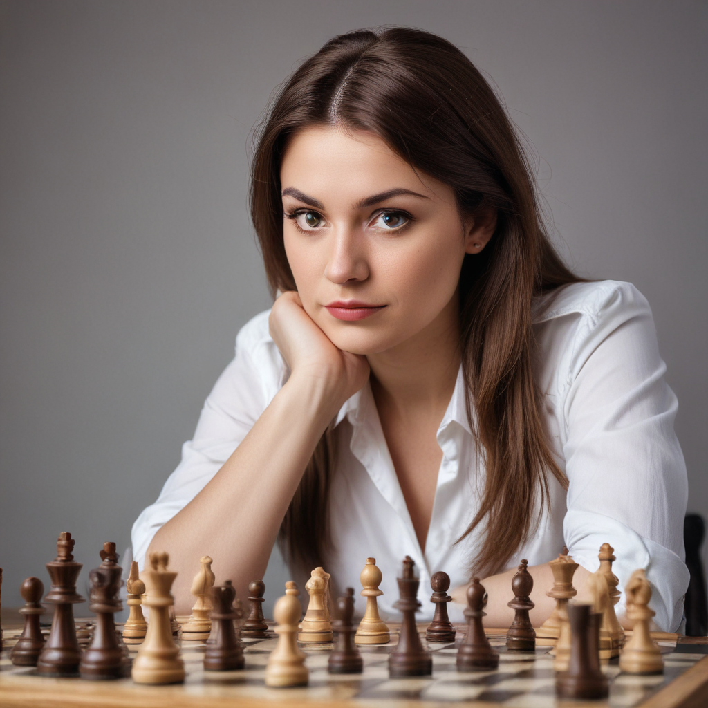 woman plaing chess, looking directly at the spectator