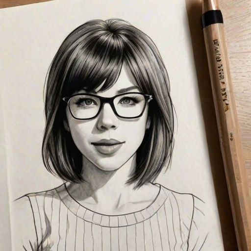 Dazzling Carly Rae Jepsen, pencil sketch, portrait of Radiant woman 1967s in glasses, hair style beatnik, outline, clear lines, fine lines, 8k