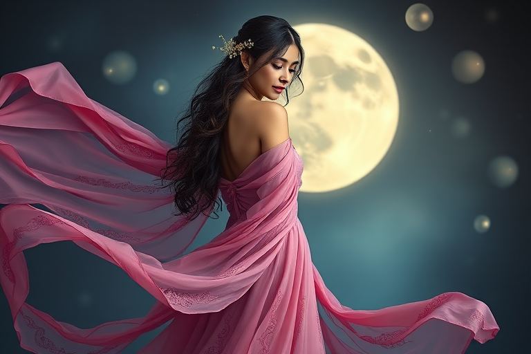 Regenerate an ethereal portrait of a woman in a flowing pink dress with intricate drapery, standing gracefully against a mystical moonlit background with floating orbs, captured with a Canon EOS R5, 50mm lens, f/1.8 aperture, ISO 100, natural soft lighting for enhanced depth and detail.