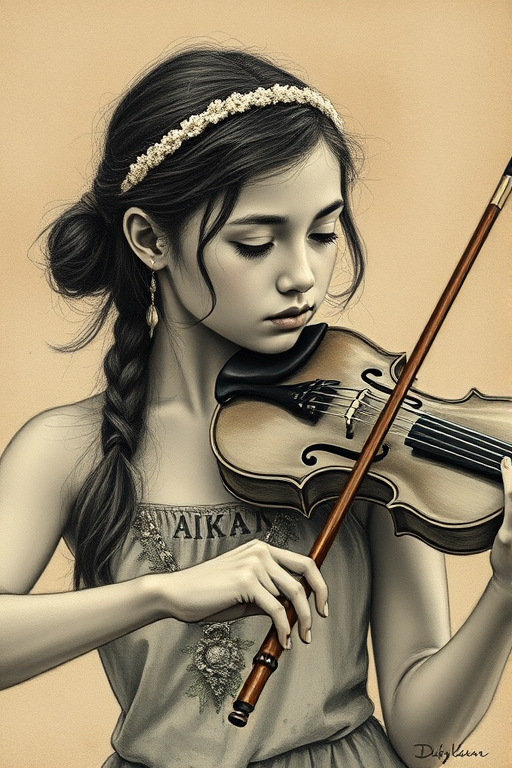 a young Hawaiian woman with a white headband playing a violin, in the style of a charcoal drawing, sepia grunge background
