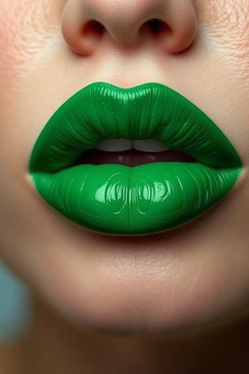 Enchanting emerald green lips captivate with their rich jewel tone, boasting a satiny finish that adds depth and intrigue to the unusual color