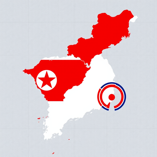 Create a high-resolution image of the map of North and South Korea divided, with North Korea in red featuring the star emblem and South Korea in white featuring the Taegeuk symbol, shot with a DSLR camera at 50mm focal length, f/1.8 aperture, ISO 100, natural lighting and top-down view for clarity and detail.