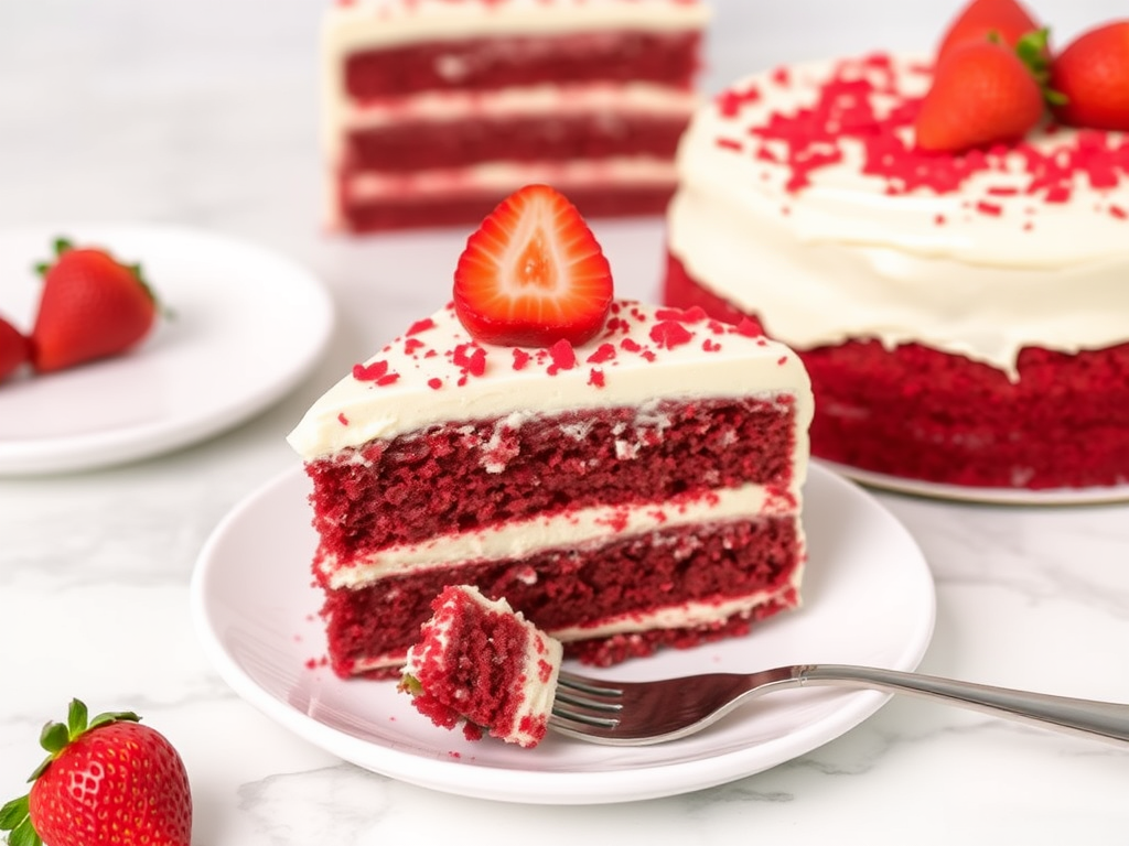 A delicious slice of red velvet cake with layers of cream cheese frosting topped with fresh strawberries and red crumbs served on a white plate with a fork beside it and a larger cake in the background on a marble surface.
