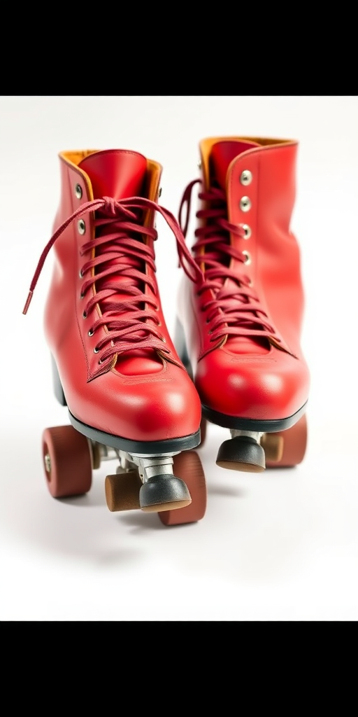 Create a realistic image of a pair of vintage red roller skates on a white background, with a shallow depth of field, using a DSLR camera at f/2.8, ISO 100, and a focal length of 50mm, shot from a slightly elevated angle to emphasize the skates' details.