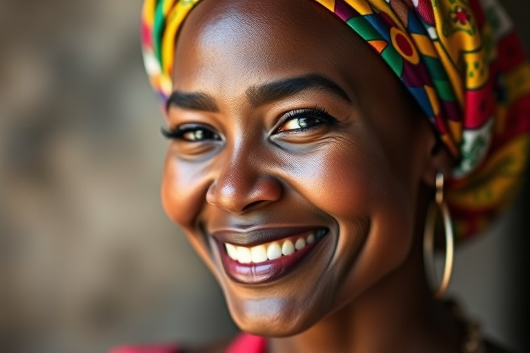 portrait of a smiling woman with a colorful headwrap, soft lighting, shallow depth of field, 85mm lens, f/1.8, ISO 100, natural light, Canon EOS R5