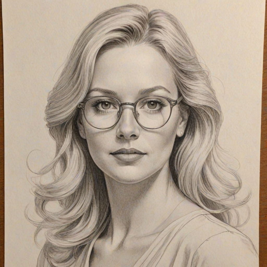 Fascinating Melissa Peterman, pencil sketch, portrait of Graceful woman 1977s in glasses, hair style beatnik, outline, clear lines, fine lines, 8k