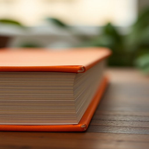 Create a high-resolution image of a closed orange book with a gray spine, using a shallow depth of field, 50mm lens, f/2.8 aperture, natural lighting, and a slightly elevated camera angle to enhance detail and dimension.