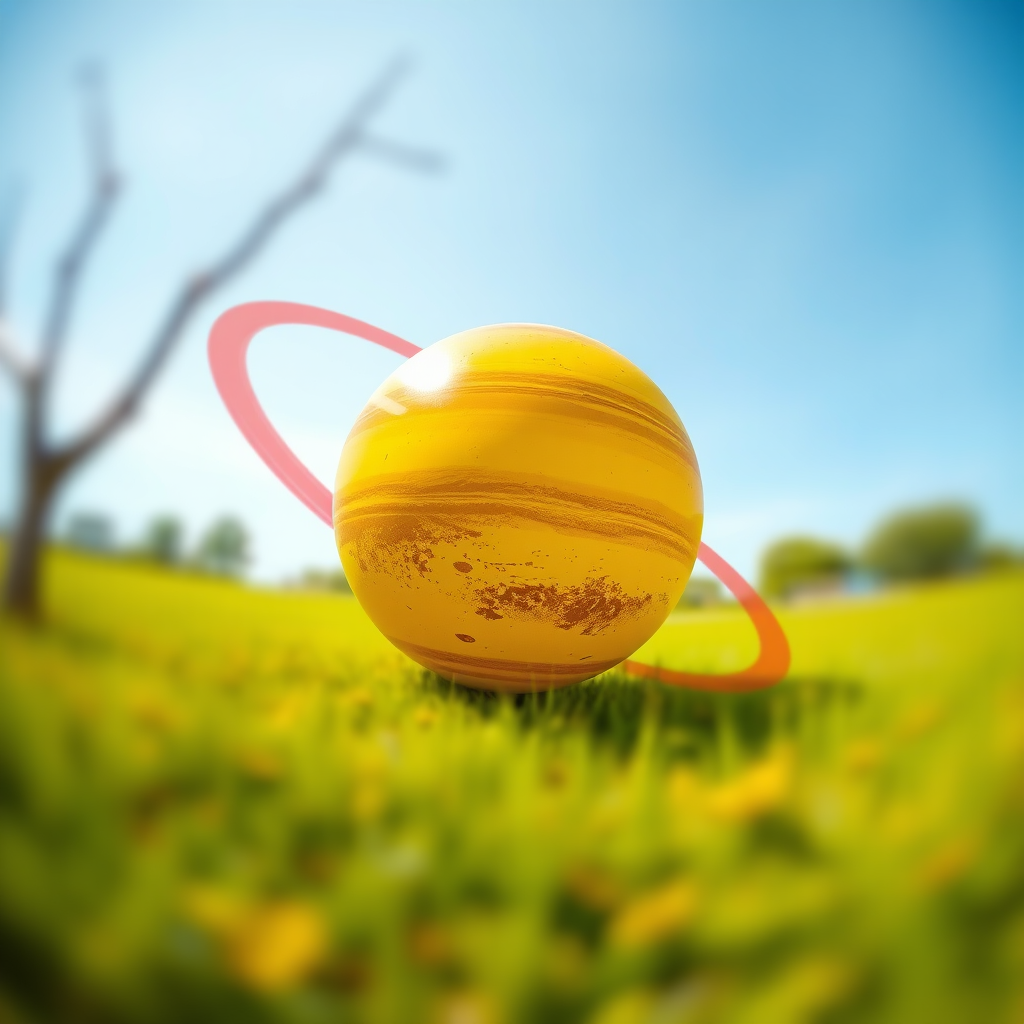 Create an image of a yellow planet with a red ring around it, captured from a low-angle view using a full-frame DSLR camera with a 50mm lens, aperture set to f/8, ISO 200, and a soft light filter to enhance colors and details.