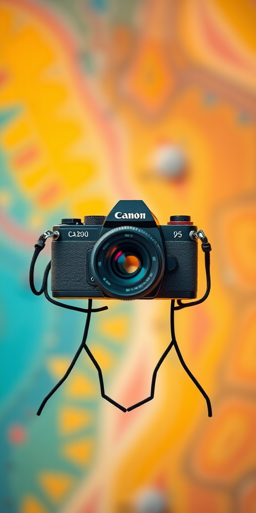 Create a detailed, high-resolution illustration of a film camera being held by two stick figures, set against a vibrant background, captured with a Canon EOS 5D Mark IV, 50mm lens, f/1.8 aperture, ISO 100, shot in natural light for enhanced sharpness and color vibrancy.