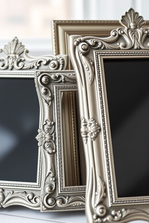 Create an image of three ornate silver picture frames with intricate designs, captured with a DSLR camera at f/2.8, ISO 100, 50mm lens, natural lighting, and a slight angle to emphasize depth.