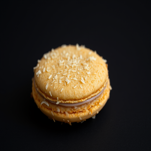 close-up of a golden-brown coconut macaron on a black background, taken with a DSLR camera at f/2.8, 50mm lens, ISO 100, in natural light to enhance texture and detail