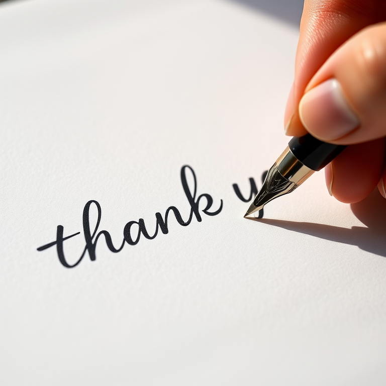 Create a close-up of a hand holding a fountain pen, writing "thank you" in elegant cursive on a smooth white paper background, with a Canon EOS R5 camera, 50mm lens, f/2.8 aperture, 1/500 shutter speed, and ISO 100, with a natural light source to enhance shadows and highlights.