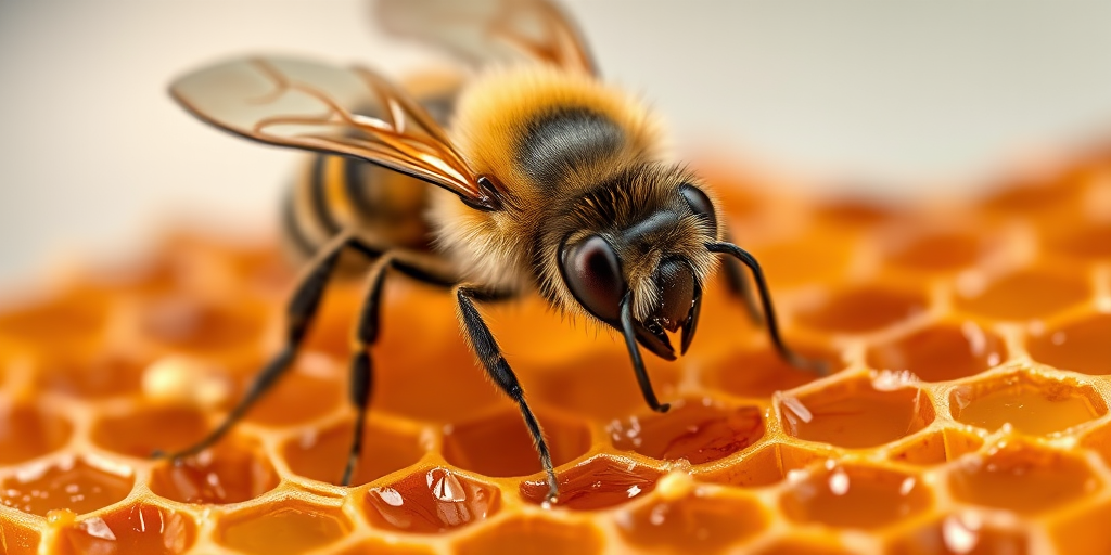 A close-up shot of a bee on honeycomb, captured with a Canon EOS R5, 100mm macro lens, f/2.8 aperture, ISO 100, natural soft lighting to enhance the texture of the honey and the details of the bee.