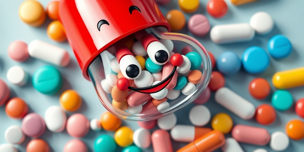 Create a hyper-realistic 3D rendering of a cartoonish pill capsule, with a smiling red cap and large eyes, filled with a colorful assortment of pills in various shapes and sizes, shot with a Canon EOS R5, 50mm lens, f/1.8 aperture, ISO 100, natural lighting, top-down view for a clean background and vibrant color contrast.