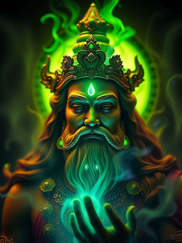 Create a vibrant image of a divine figure resembling a mythological god with a green aura and mystical elements, using a DSLR camera with a 50mm lens, aperture f/1.8, ISO 100, in a portrait view with soft lighting and bokeh effect for enhanced depth.