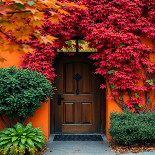 capture a charming doorway framed by vibrant fall foliage with rich textures of orange walls and lush greenery, using a DSLR camera at f/8 aperture, 1/200 sec shutter speed, ISO 100, 24mm lens, and a slight tilt-shift style perspective for added depth and clarity