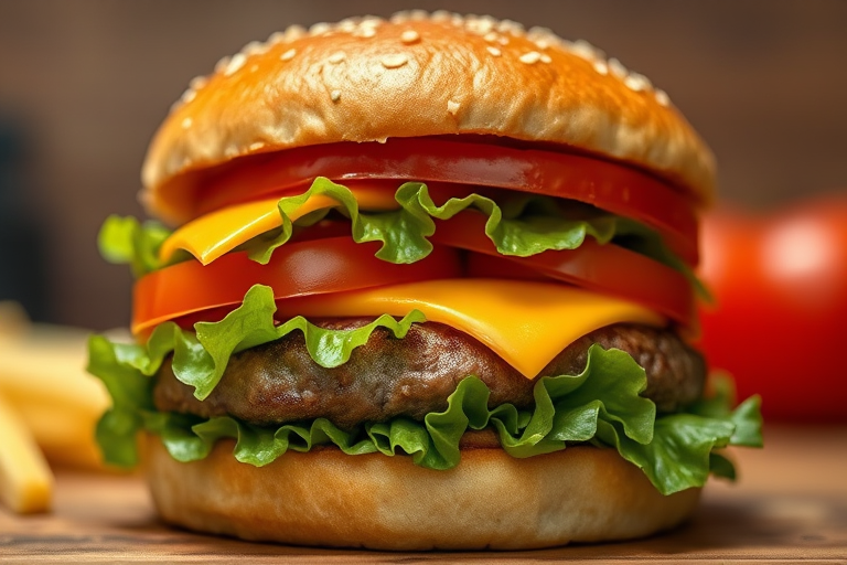 A close-up shot of a beautifully layered burger with vibrant toppings like lettuce, tomatoes, and cheese, shot with a Canon EOS R5 at f/2.8, ISO 100, 1/125s, using a softbox for even lighting and a shallow depth of field for a creamy background.
