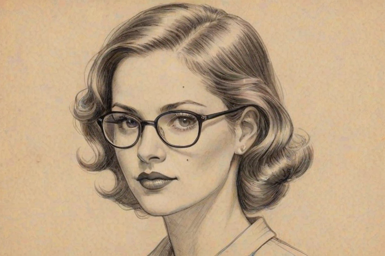 Enticing Cristina Milian, pencil sketch, portrait of Appealing woman 1930s in glasses, hair style beatnik, outline, clear lines, fine lines, 8k