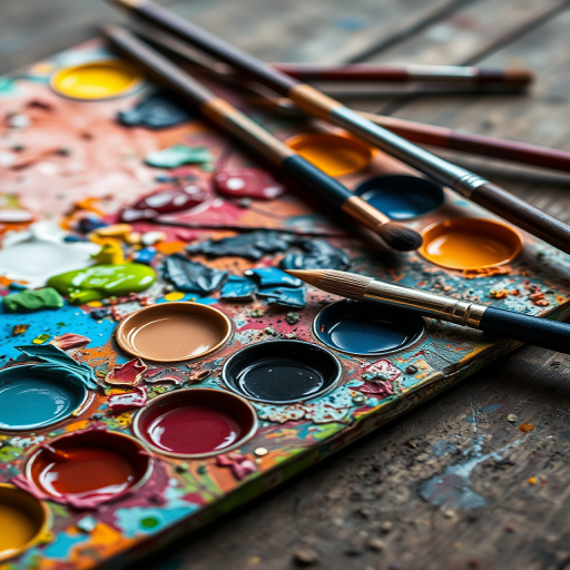 Close-up of an artist’s palette covered in vibrant paint, soft light illuminating the colors and brushes scattered around on a rustic wooden table.
