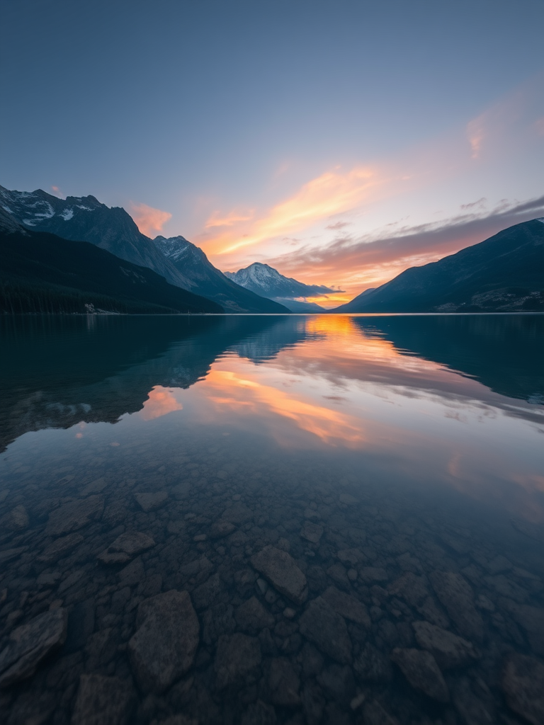 Generate a high-resolution image of a serene landscape featuring a calm lake surrounded by mountains during sunset, use a Canon EOS R5 with a 24mm f/1.4 lens, aperture set to f/8, ISO 100, and a shutter speed of 1/125s, taking the shot from a low angle to capture reflections in the water.