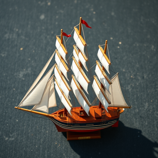 Regenerate an image of a model sailing ship from a top-down view, using a DSLR camera with a 50mm lens, f/2.8 aperture, ISO 100, and natural lighting to enhance detail and texture.