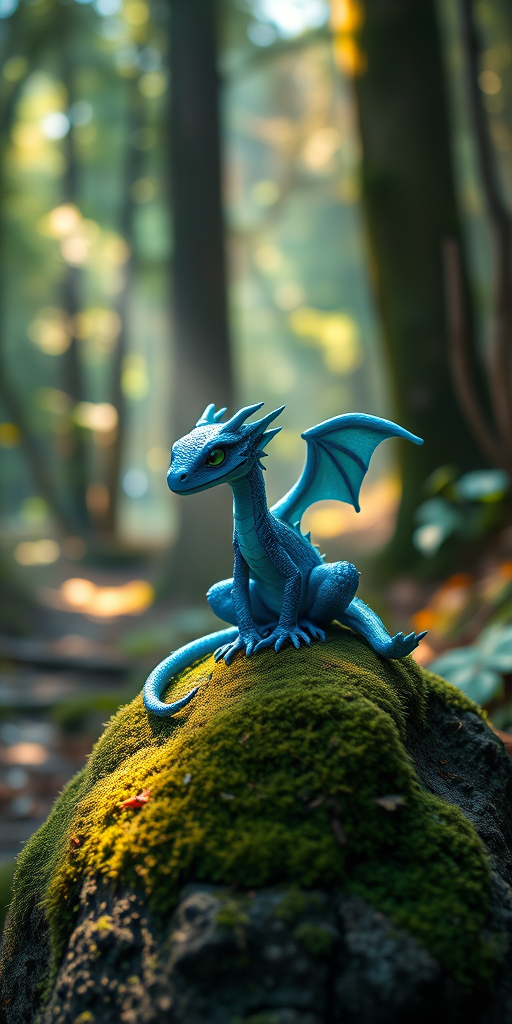 Create a high-resolution image of a blue dragon-like creature sitting on a moss-covered rock, in a vibrant forest setting with magical lighting, captured with a Canon EOS R5, 50mm lens, f/1.8, ISO 200, natural light, shallow depth of field.