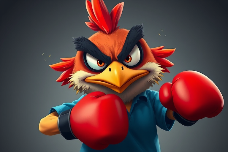 Create a high-resolution digital illustration of an angry cartoon bird with exaggerated features, wearing a blue shirt and holding red boxing gloves, using a Canon EOS R5 with a 50mm f/1.2 lens, f/2.8 aperture, ISO 100, shot from a low angle to enhance depth and emphasis on expression.