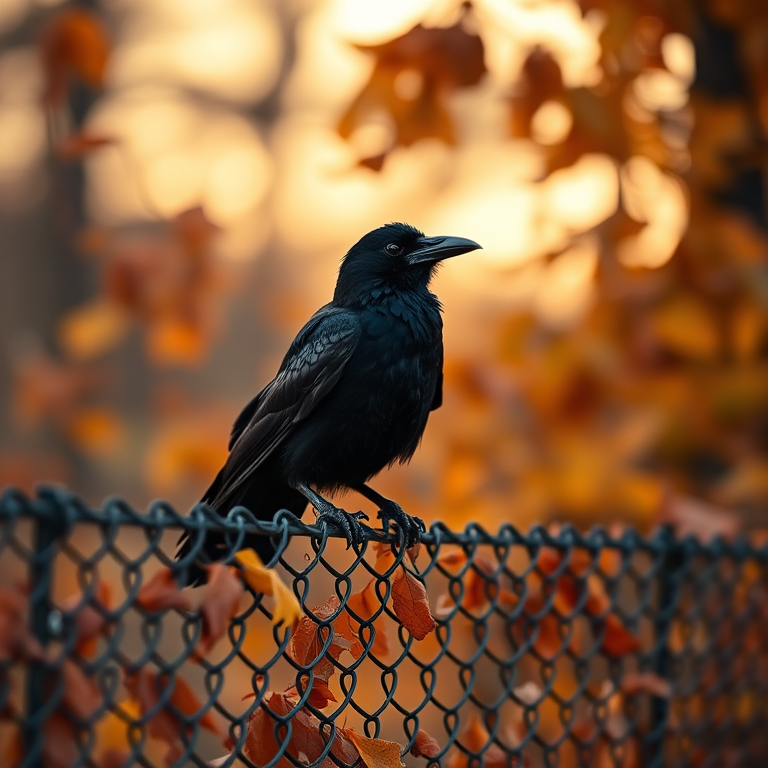 A raven perched on a chain-link fence surrounded by autumn leaves, shot at sunset with a Canon EOS R, 50mm f/1.8 lens, ISO 200, aperture f/2.8, shutter speed 1/500 sec, focus on the bird, shallow depth of field, warm color tones.
