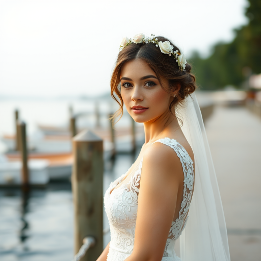 water front scene, bridal model, delicate lace gown, floral headpiece, soft romantic focus, high-key lighting and an 85mm lens for soft, even tones that highlight the model’s face and bright outfit against a white or light background