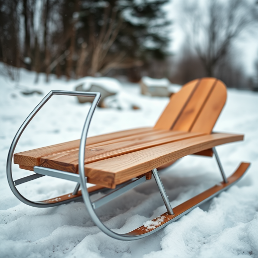 create a high-resolution image of a wooden sled with a sleek metal frame in an outdoor winter setting, shot with a 50mm lens, aperture f/2.8, ISO 100, with a shallow depth of field for a soft background blur, using a DSLR camera at a low angle to emphasize its structure and design