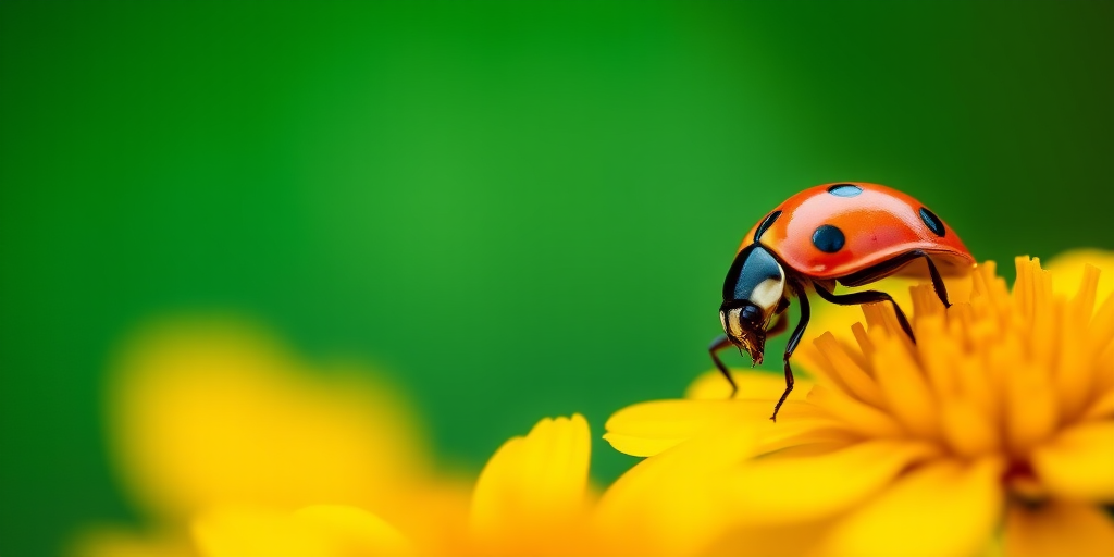 macro shot of a ladybug on vibrant yellow flowers with a softly blurred background, ISO 100, aperture f/2.8, shutter speed 1/200s, lens 100mm, DSLR camera, natural daylight, shallow depth of field