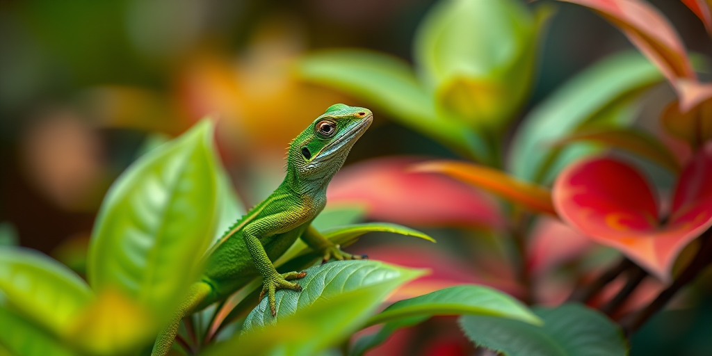 Regenerate an image of a green lizard perched on lush foliage in a vibrant natural setting with a shallow depth of field using a DSLR camera at f/2.8, ISO 200, and a focal length of 85mm, capturing the intricate details of its scales and the surrounding leaves.