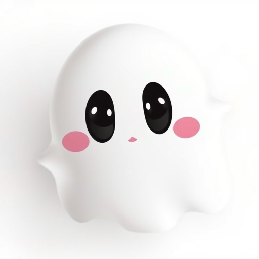 Create a high-resolution digital illustration of a cute, cartoonish ghost with a smooth white surface and expressive black eyes, using a 50mm lens, f/2.8 aperture, ISO 100, overhead view, soft lighting for a welcoming ambiance, captured with a DSLR camera.